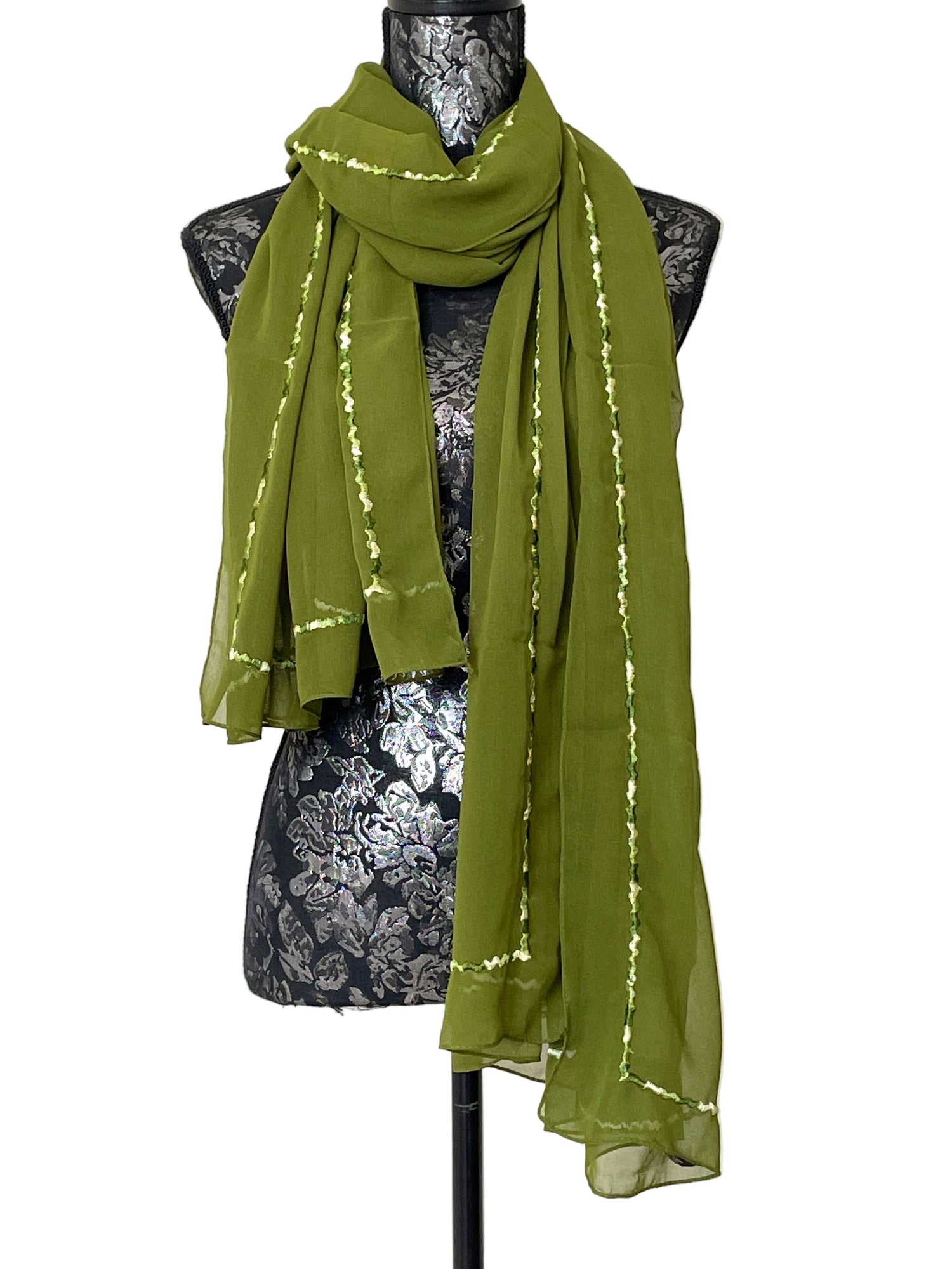 large green georgette embroidered stole 