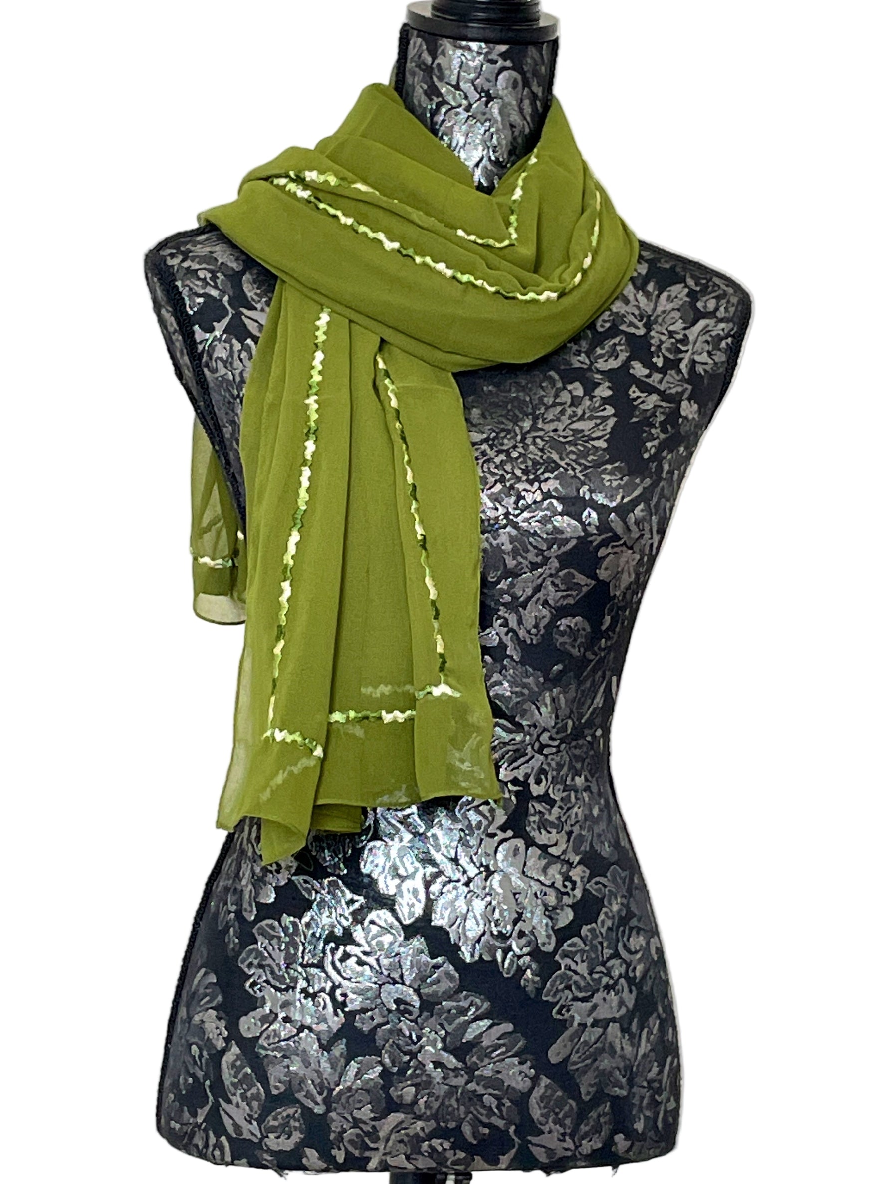 large green georgette embroidered stole 