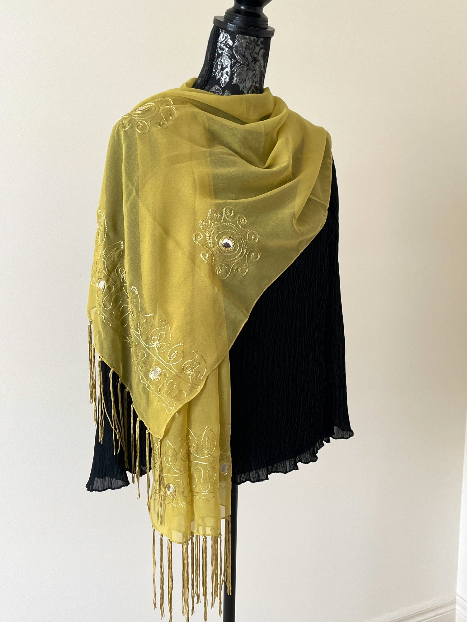Solid Georgette scarf with thread work, sequins and tassels