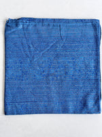 Blue cotton square scarf woven with sparkly lurex threads and a d.blue printed pattern
