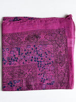 Dark pink cotton square scarf woven with sparkly lurex threads and a blue printed pattern