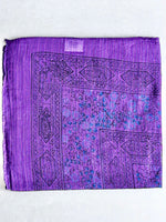 Dark purple cotton square scarf woven with sparkly lurex threads and a black & blue printed pattern