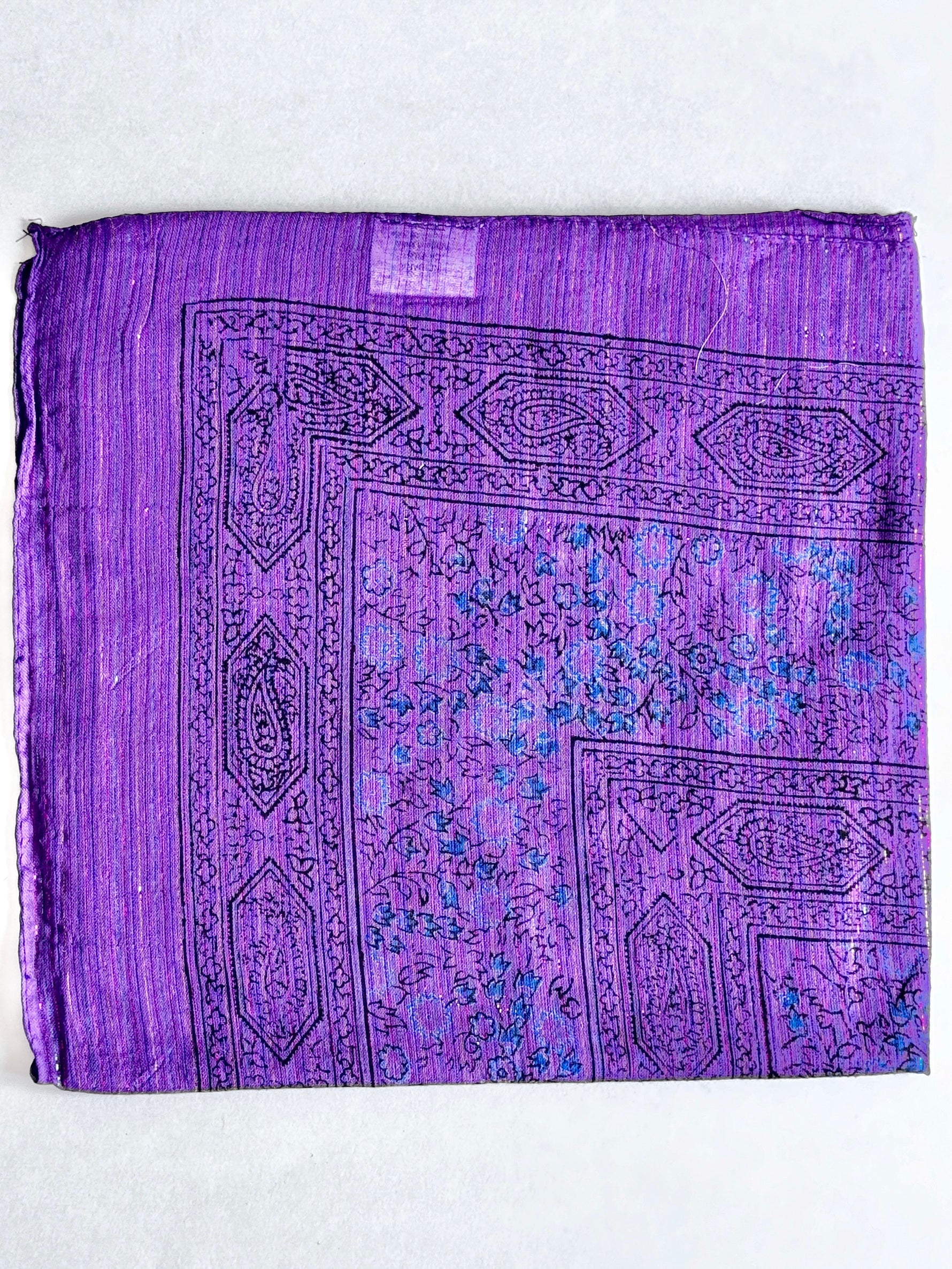 Dark purple cotton square scarf woven with sparkly lurex threads and a black & blue printed pattern