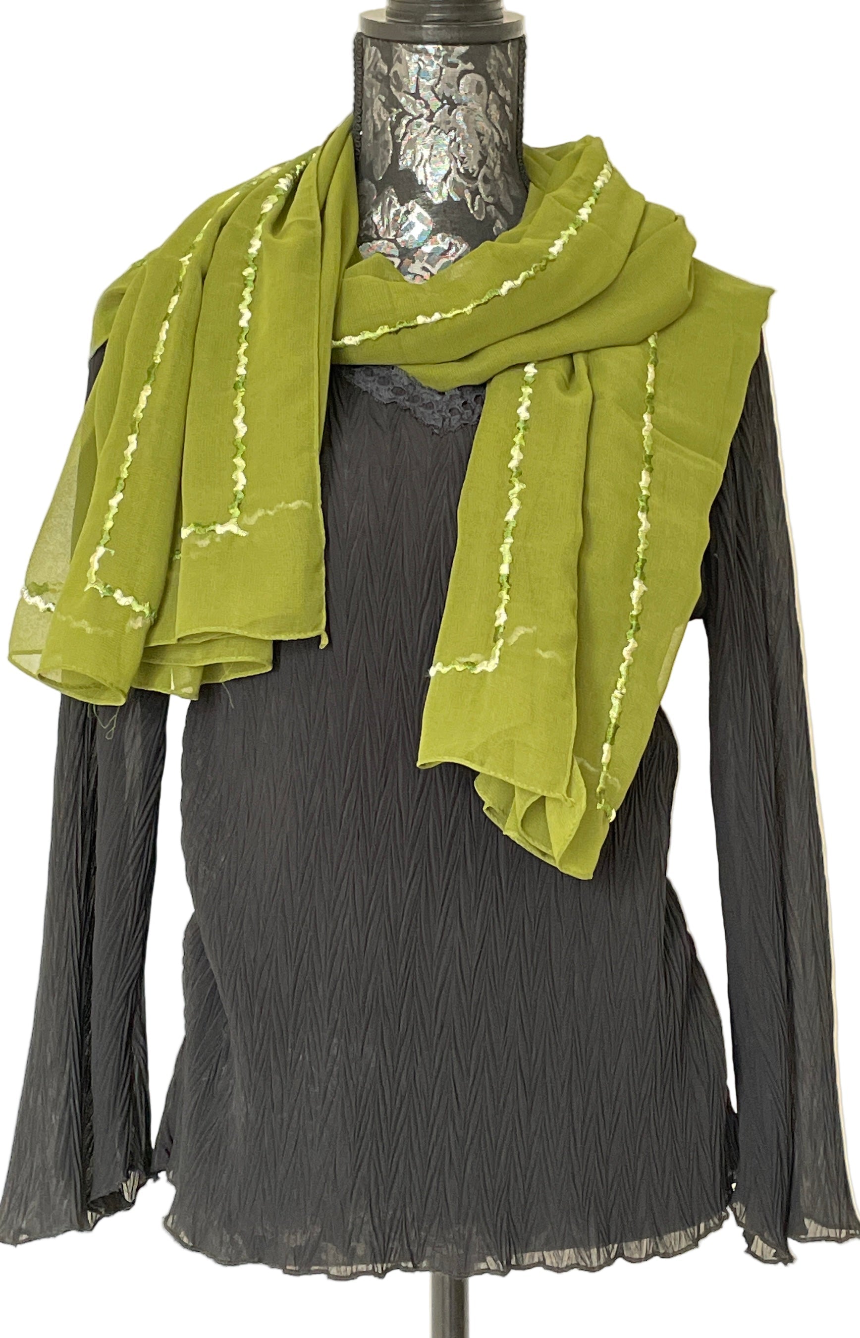 large green georgette embroidered stole 